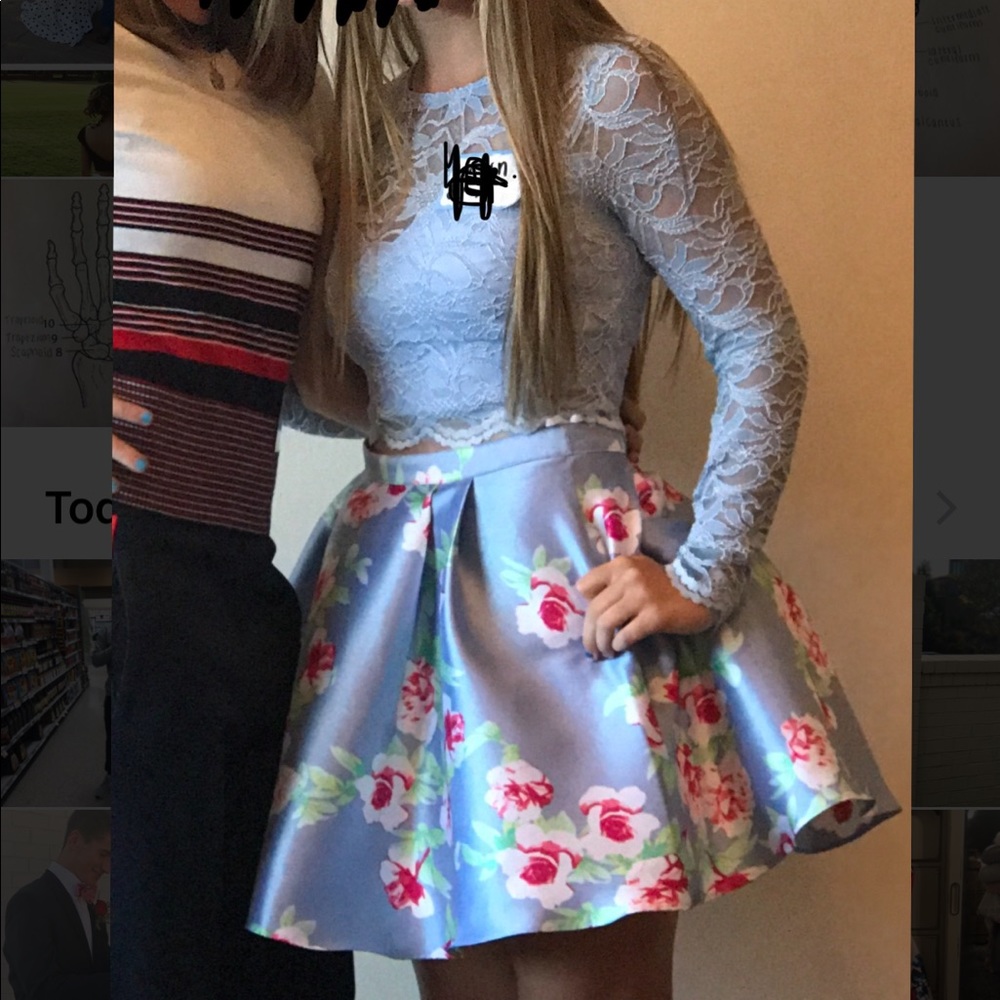 blue flowered two piece dress